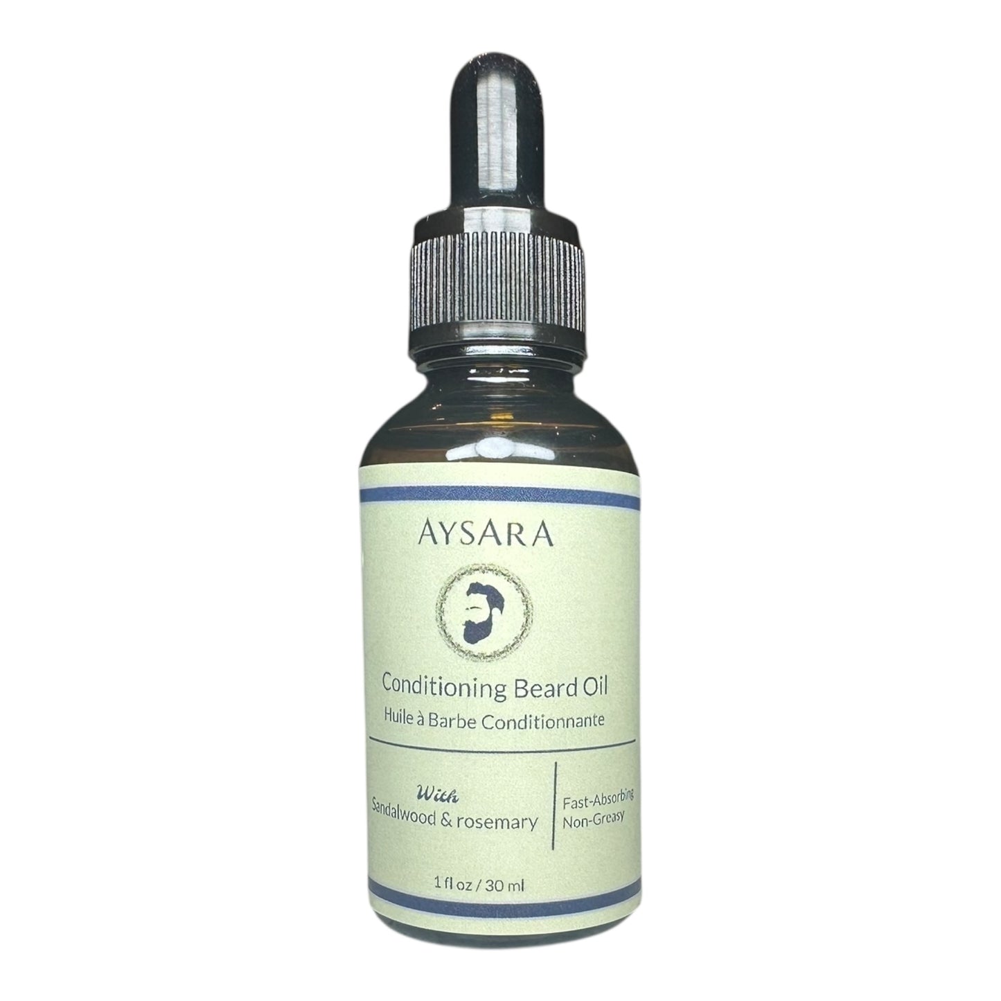 Aysara beard oil in a dark amber glass bottle with a dropper, featuring COSMOS-certified ingredients and scientific plant-based extracts for healthy skin and beard growth