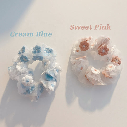 Elegant Embroidery Chiffon Sunflower Scrunchies Flowers Mesh Scrunchies, Pink and blue