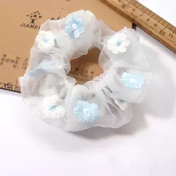 Elegant Embroidery Chiffon Sunflower Scrunchies Flowers Mesh Scrunchies, Pink and blue