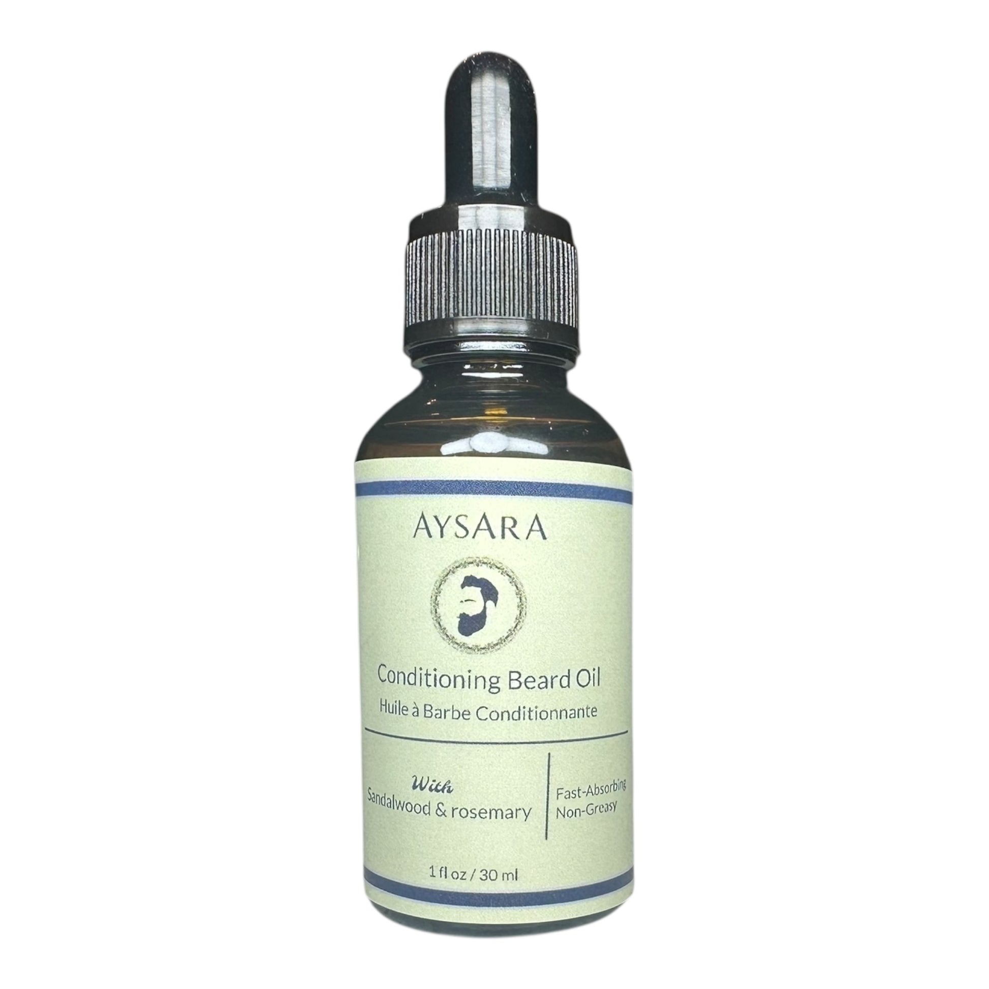 Aysara beard oil in a dark amber glass bottle with a dropper, featuring COSMOS-certified ingredients and scientific plant-based extracts for healthy skin and beard growth