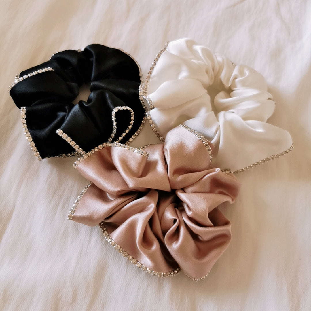 Bridal Silk Scrunchies, 100% Pure Mulberry Silk Scrunchies 3 Pieces, Black Pink and White