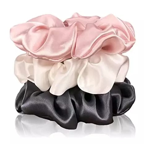 Bridal Silk Scrunchies, 100% Pure Mulberry Silk Scrunchies 3 Pieces, Black Pink and White