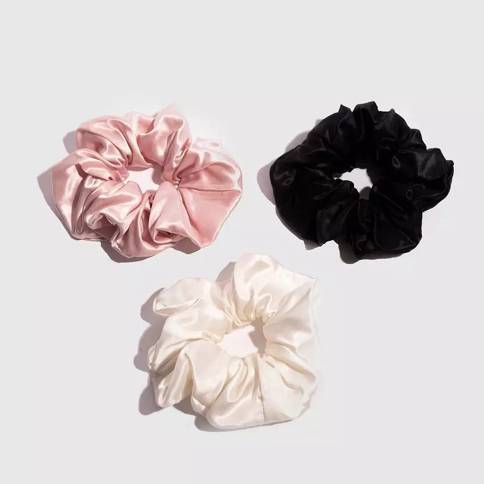 Bridal Silk Scrunchies, 100% Pure Mulberry Silk Scrunchies 3 Pieces, Black Pink and White